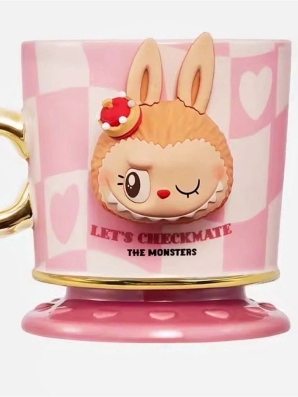 POP MART Let's Checkmate The Monsters Pink & White Checkered Mug Like New